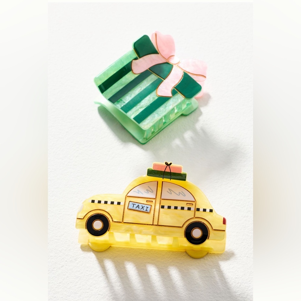 NWT Hair Clips - Yellow Taxi & Green Striped Gift Box